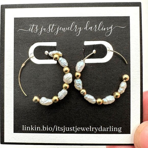 Womens Earrings 14K Yellow Gold Seed Pearl One Inch Hoop Pierced Gift Idea - Picture 3 of 5